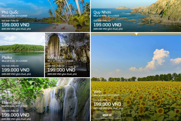 Bảng giá vé máy bay một số hành trình nội địa bay từ TP. Hồ Chí Minh