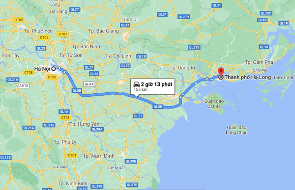 Khoảng cách từ thành phố Hà Nội đến Hạ Long theo Google Maps là 156km