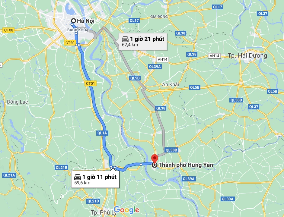 Khoảng cách từ thành phố Hà Nội đến Hưng Yên theo Google Maps là 59,6km