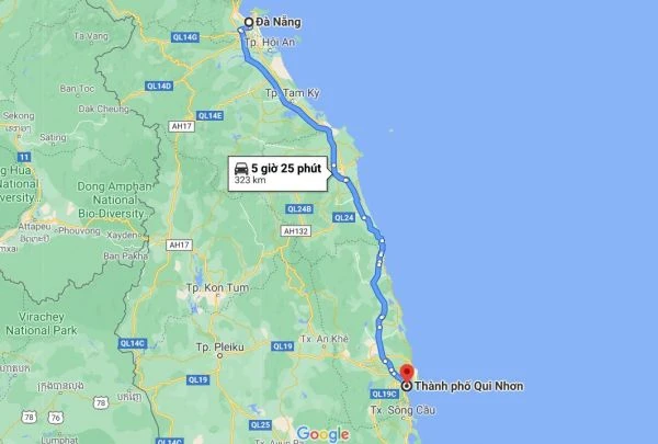 Khoảng cách từ thành phố Đà Nẵng đến Quy Nhơn theo Google Maps là 323km