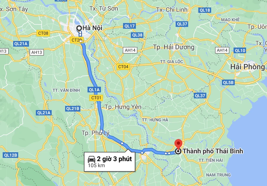 Khoảng cách từ Hà Nội tới Thái Bình khoảng hơn 100km
