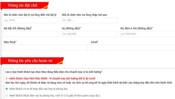 Phiếu yêu cầu hoàn vé