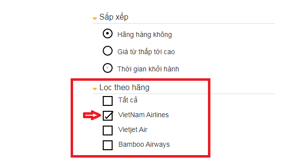 Chọn vào ô "Vietnam Airlines"