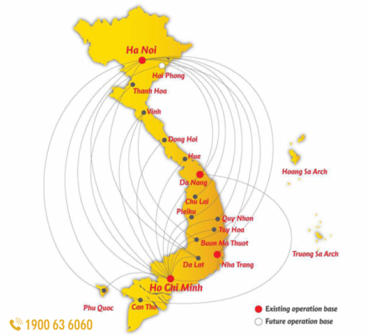 Sơ đồ đường bay nội địa Vietjet Air