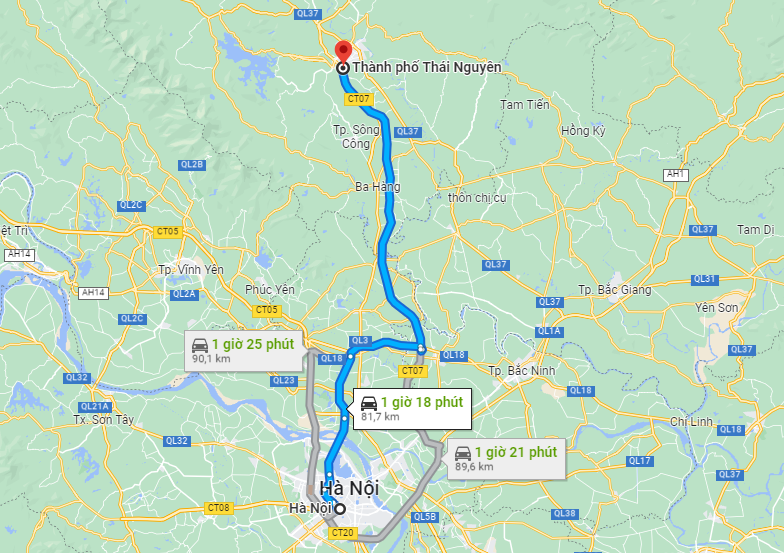 Từ Hà Nội đến Thái Nguyên bao nhiêu km