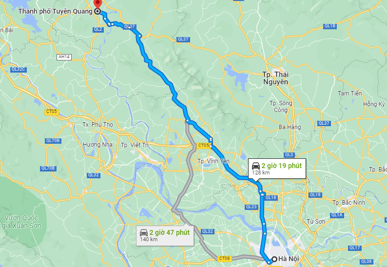 Khoảng cách từ Hà Nội đến Tuyên Quang là 128km
